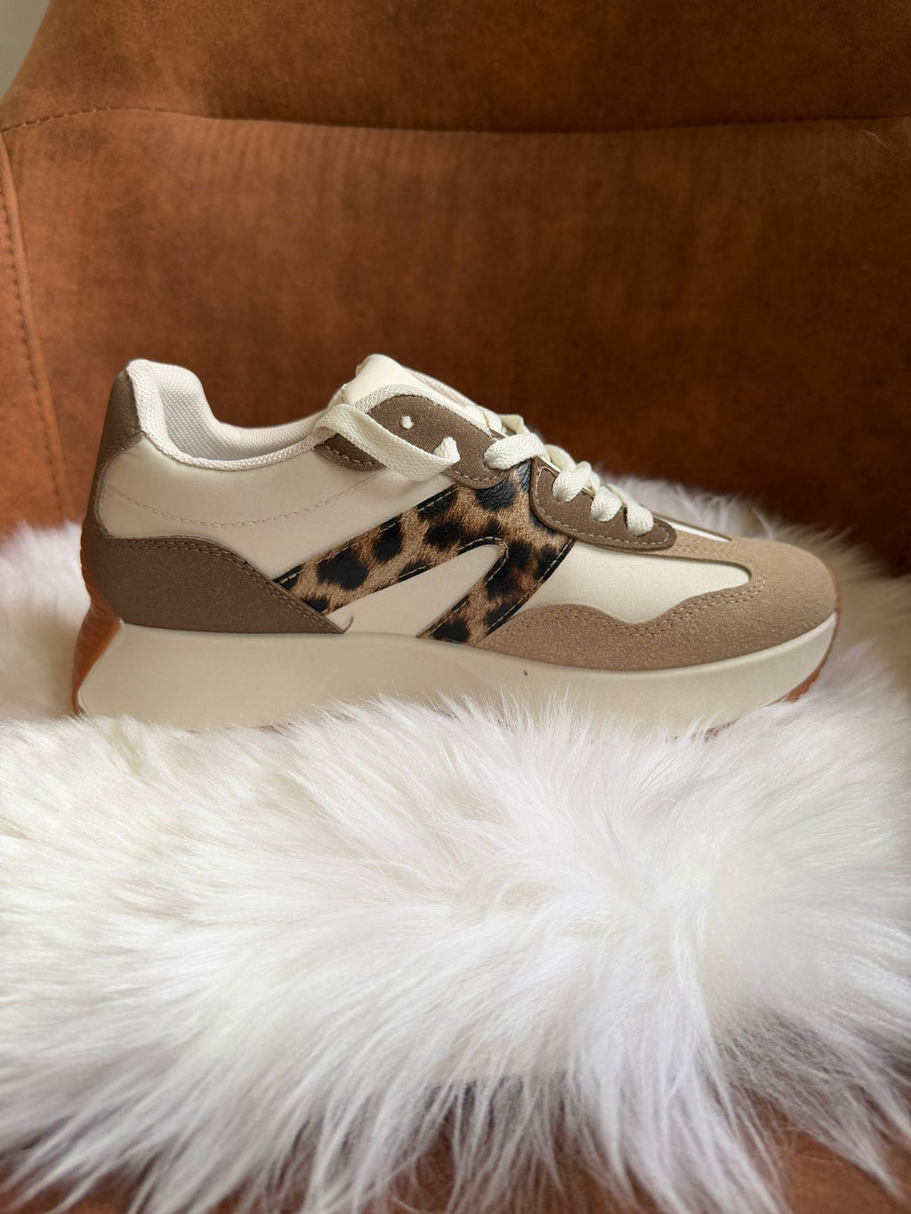 Sneaker met hoge zool & leopard print beige/taupe