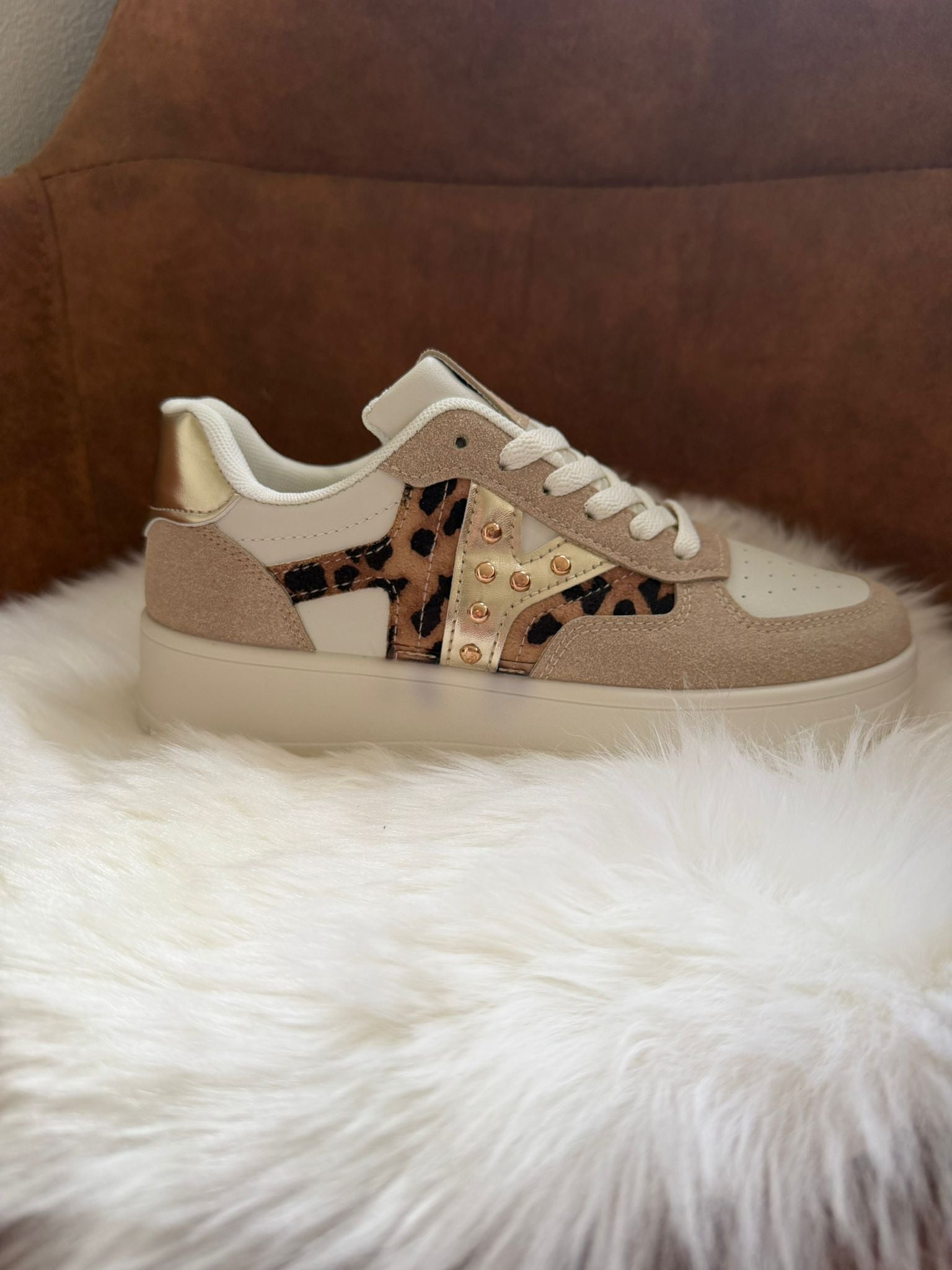 Sneaker met leopard print beige/wit