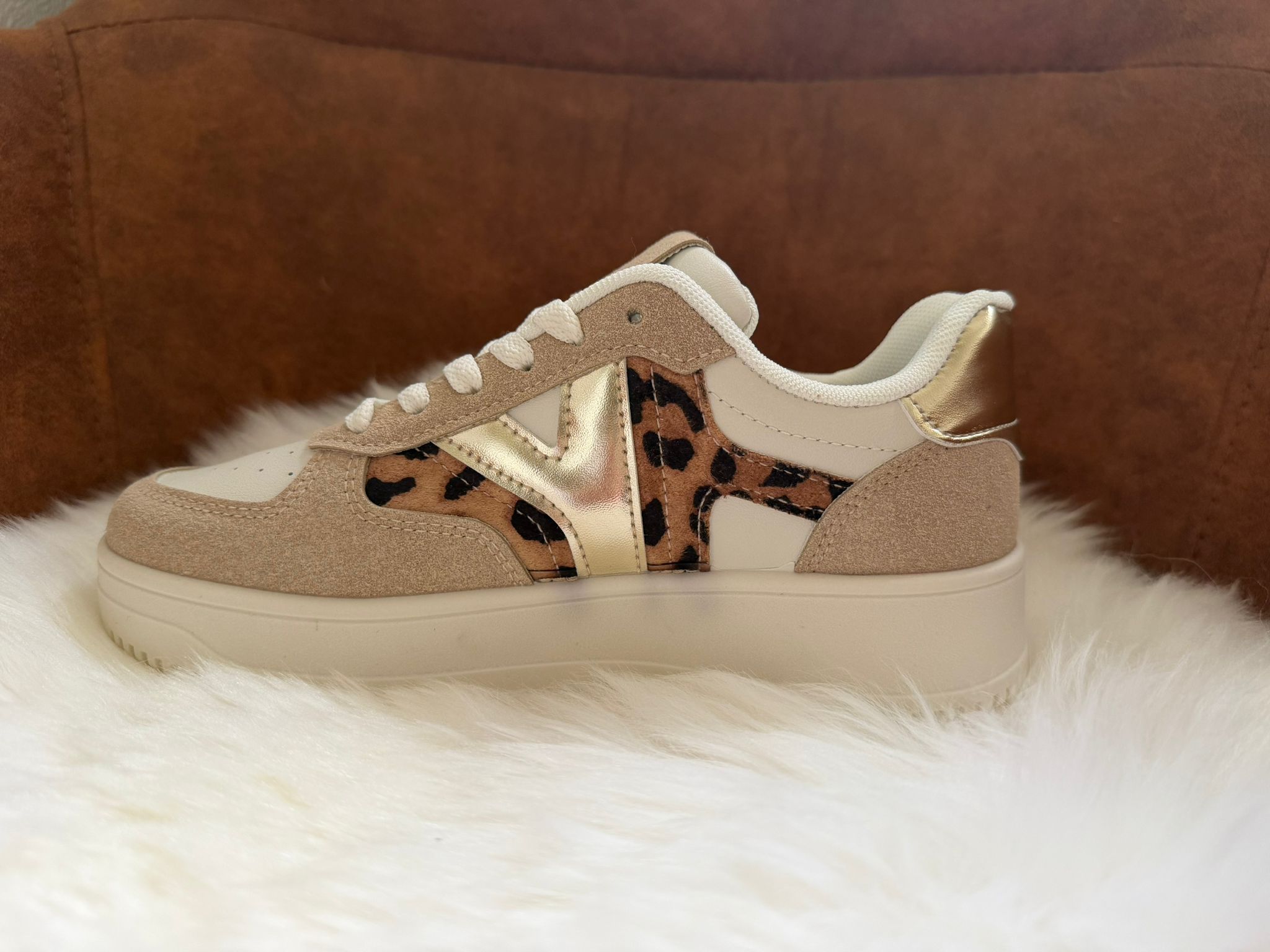 Sneaker met leopard print beige/wit